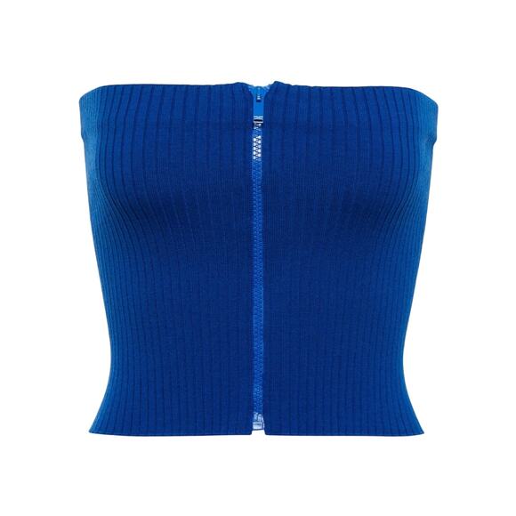 YSL Saint Laurent Size M Ribbed Knit Strapless Top Front Zip Blue NWT $690 - Picture 1 of 12
